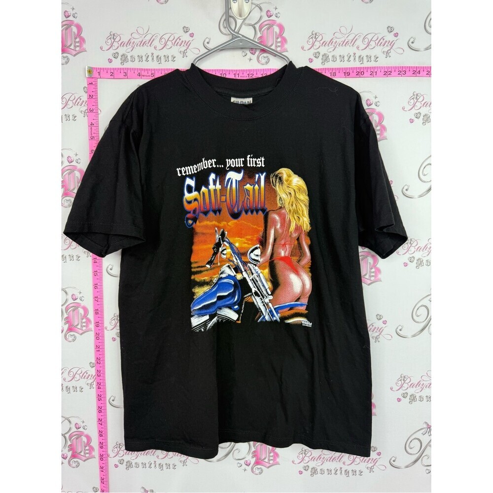 Gildan Black Short Sleeve Tee with Blonde Figure and Blue Motorcycle Graphic
